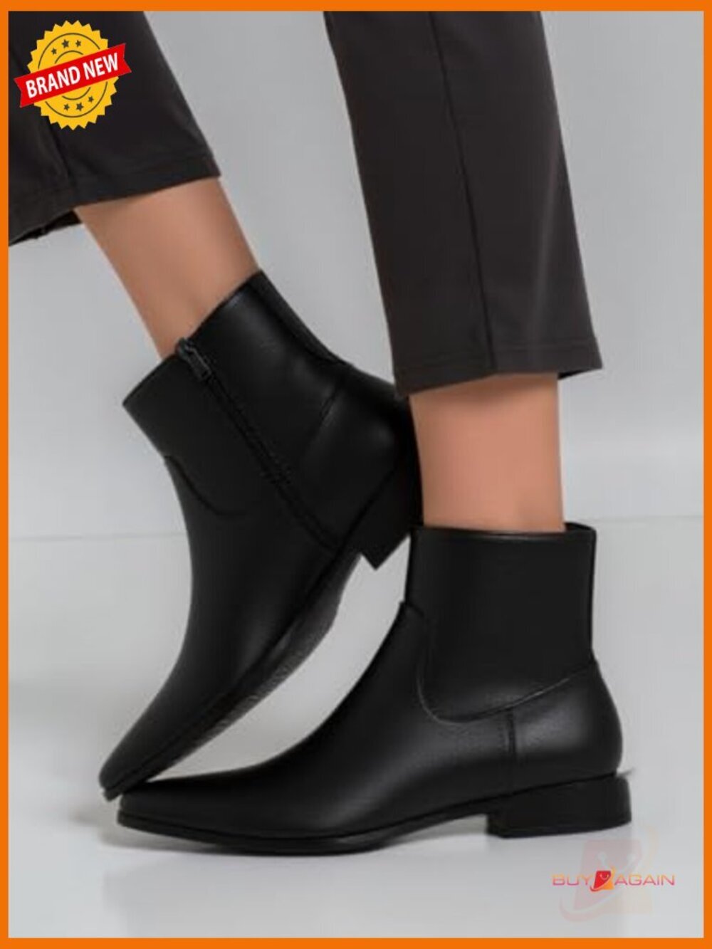 Leather Ankle Boots Square Toe Chunky Heel Side Zipper Dressy Fall Shoes - Picture 3 of 6